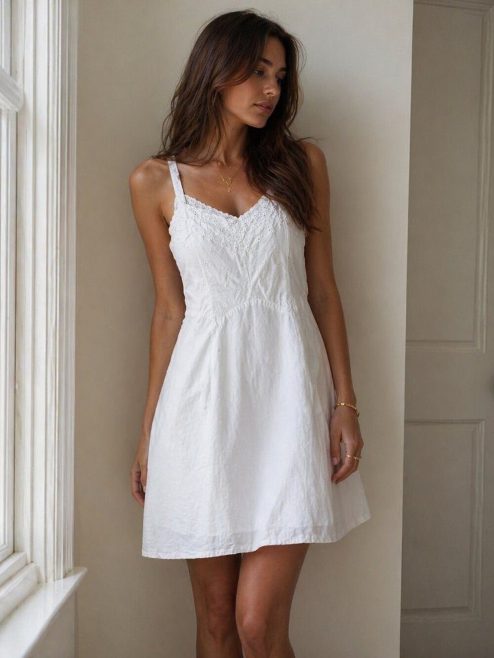 Vintage White Embroidered Eyelet Cotton Midi Slip Dress XS Small